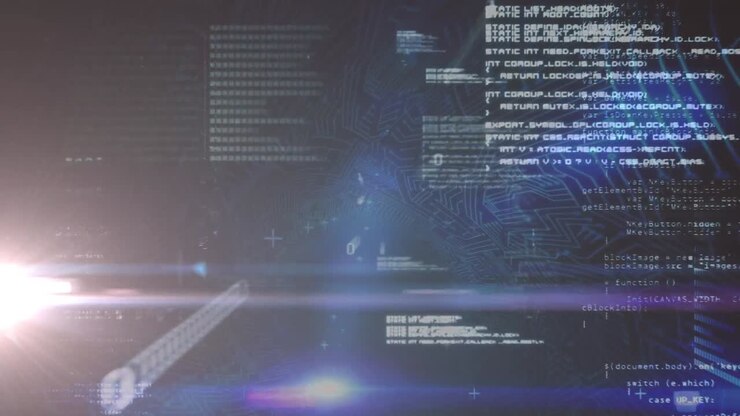 Animation of data processing over light trails on black background