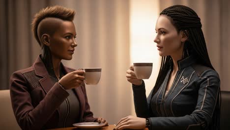a captivating conversation: two women engaged in intimate dialogue over coffee, featuring diverse hairstyles and stylish attire in a warm ambiance.