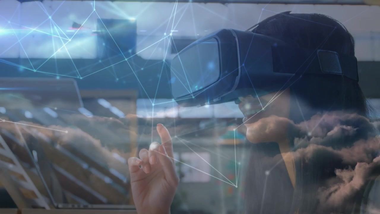 Animation of network of connections over businessman wearing vr headsets