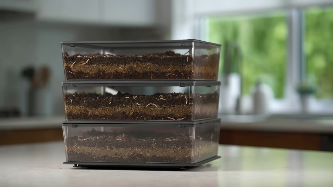 Tre vassoi impilabili in plastica trasparente, riempiti con compost e substrato organico, poggiano sul bancone della cucina, mostrando fasce orizzontali di terra scura, materiale decomposto più chiaro, riflessi tenui, pulito
