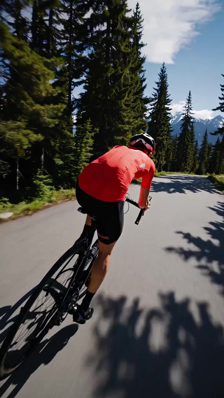 Ciclista in sella a una bici da corsa su una strada panoramica di montagna nel bosco