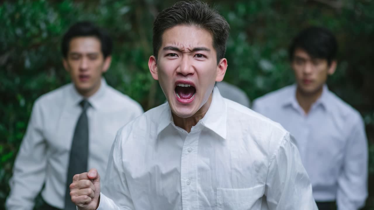 A tense confrontation unfolds as an emotional outburst ignites amidst a dense, shadowy backdrop, showcasing the raw power of human expression and conflict