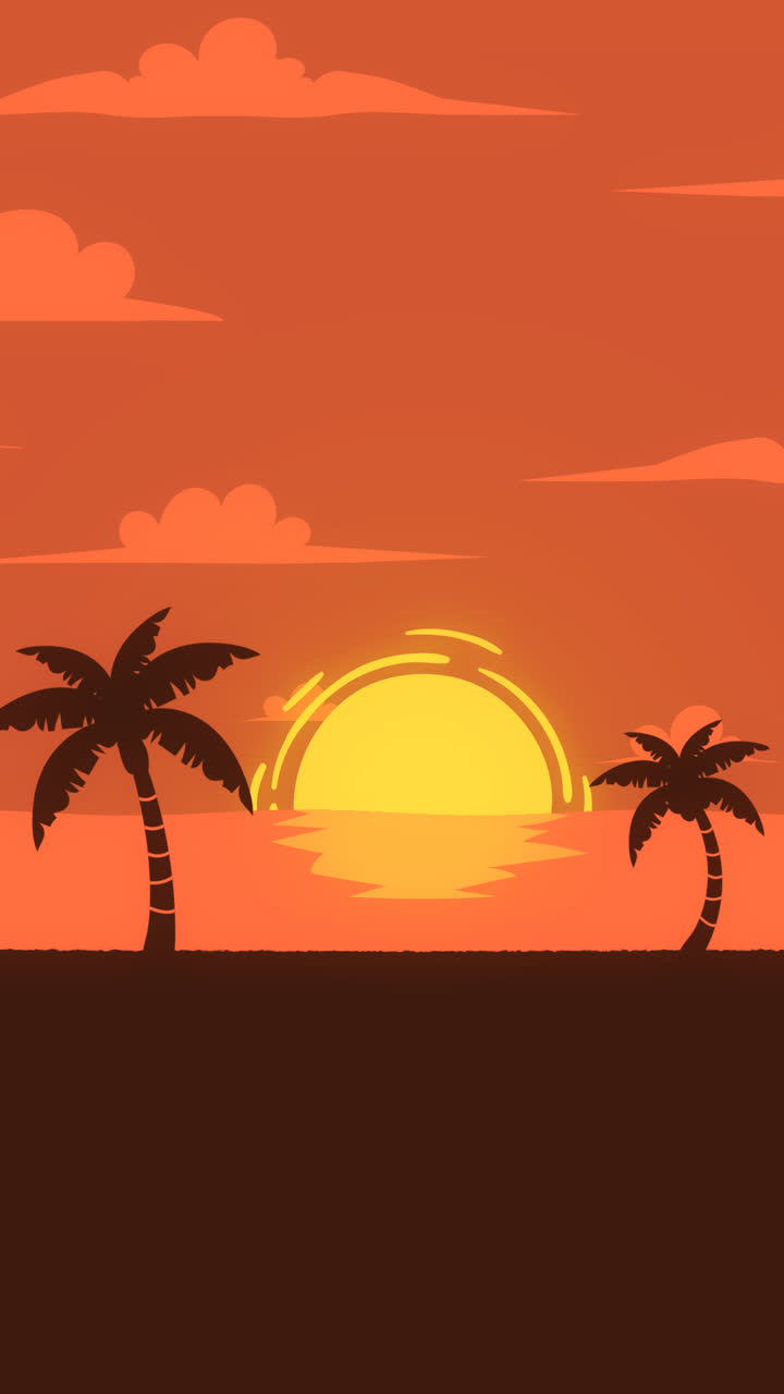 An animation of a Landscape background at sunset with palm trees
