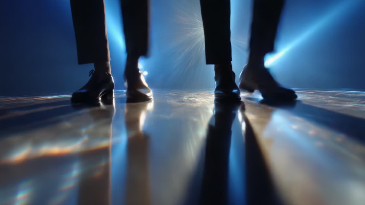Dynamic Footwork in Spotlight: Captivating Dance Moves Showcased on a Glimmering Surface, Featuring Striking Footsteps and Luminous Surroundings in a Vibrant Atmosphere