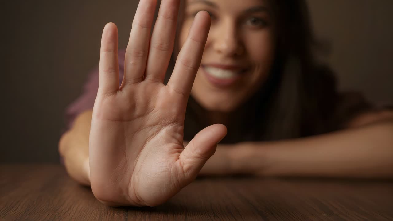 Leaning woman holding right hand to camera, sequence start in studio smiling purple top wood table