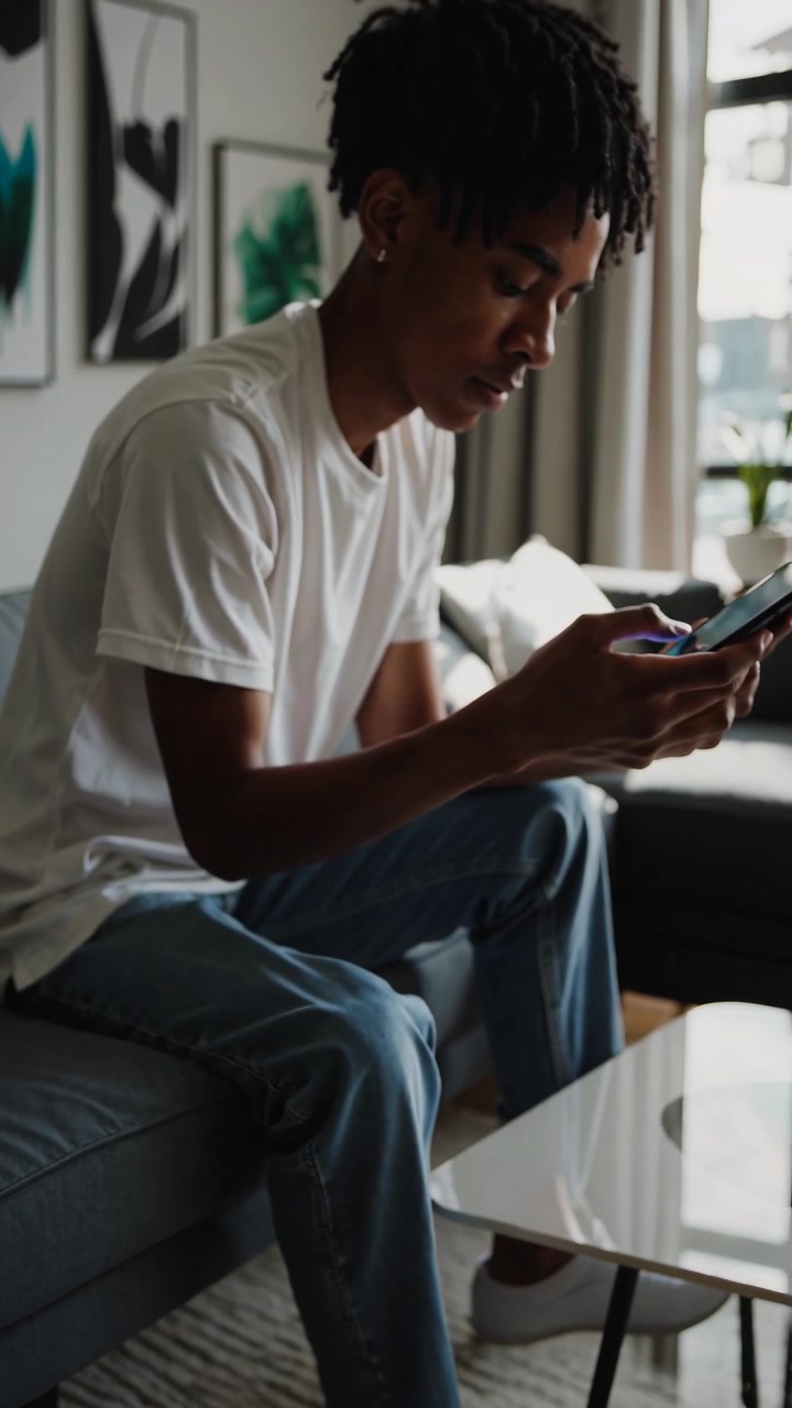 Young Man Using Smartphone While Sitting on Sofa at Home