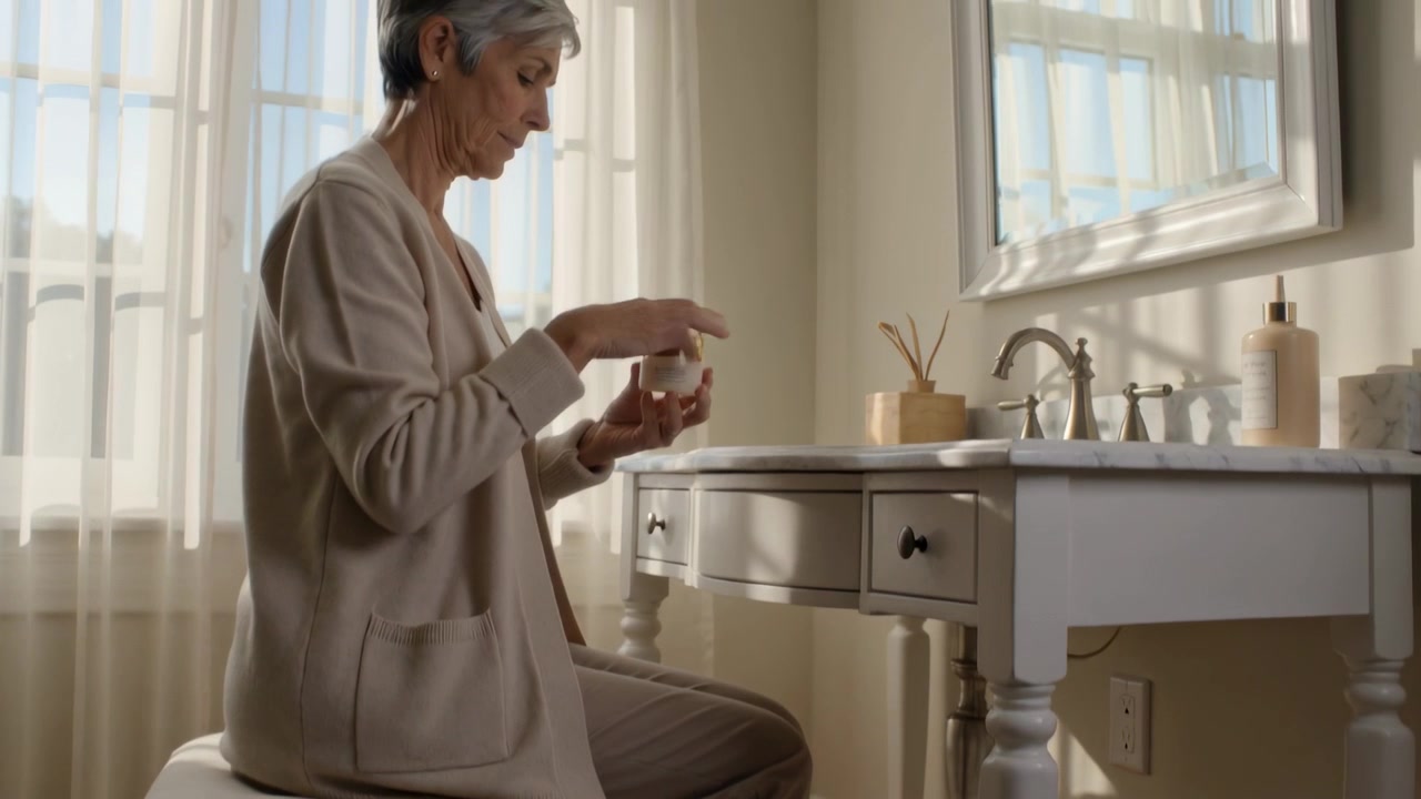 Lifting jar, senior in cardigan scooping cream at home vanity for skincare, reaching for sink