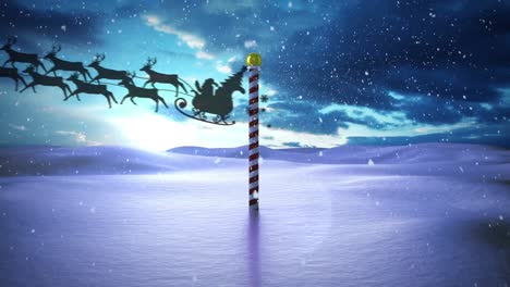 Animation-of-santa-claus-in-sleigh-with-reindeer-passing-over-north-pole-and-snowy-winter-scenery