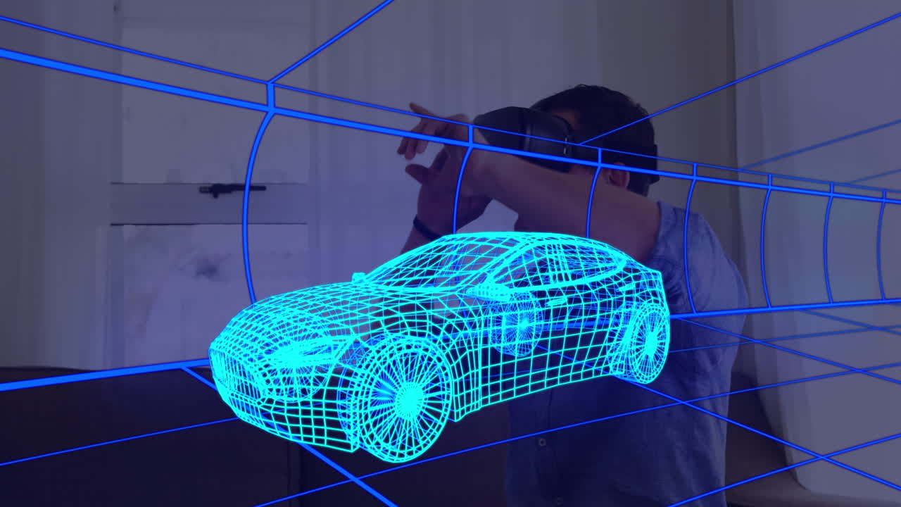 animación de dibujo técnico 3d del coche, sobre el hombre en casa con auriculares vr