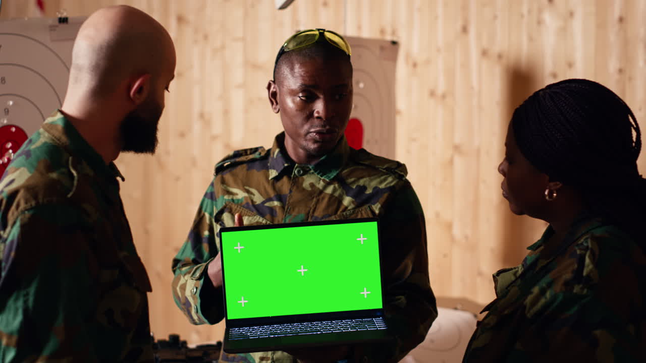 Team of military units at shooting range watching video on green screen tablet