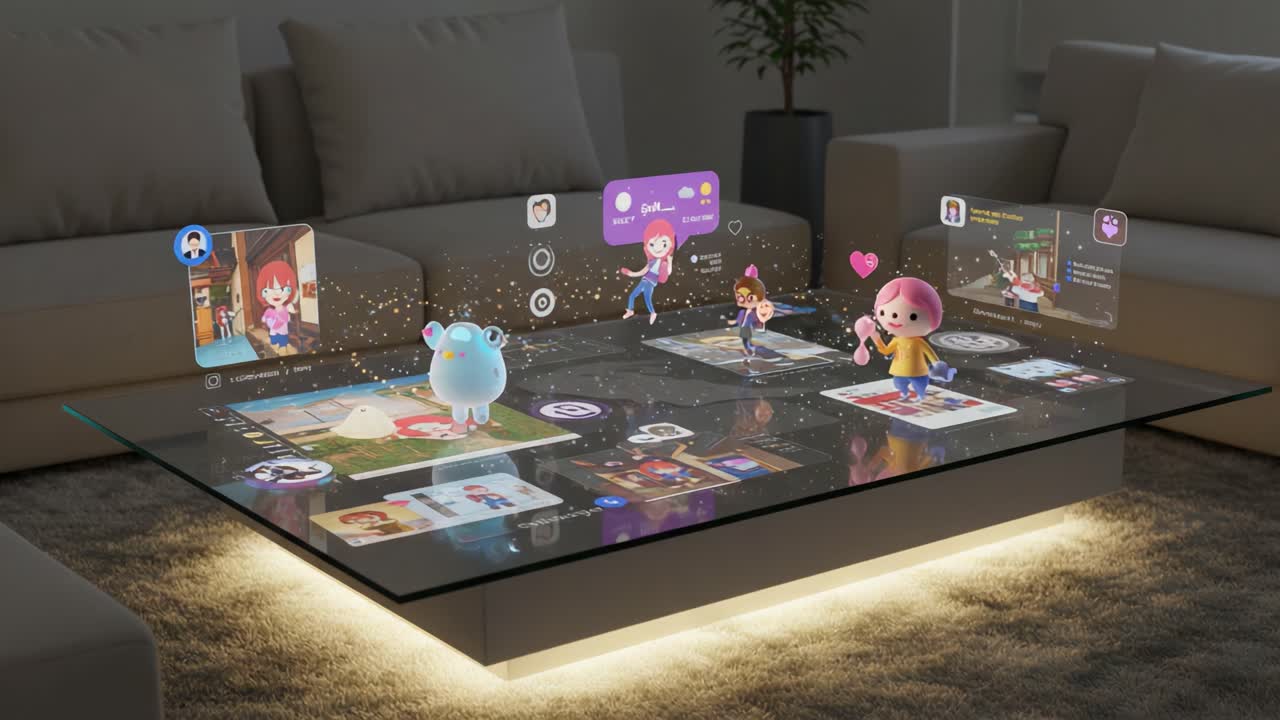 An Engaging Virtual Interaction Layer on a Modern Tabletop, Featuring Animated Characters, Gameplay Elements, and Enhanced Digital Communication Interfaces for Interactive Experiences