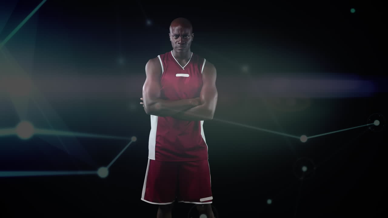 animación de la red de conexiones sobre el jugador de baloncesto afroamericano