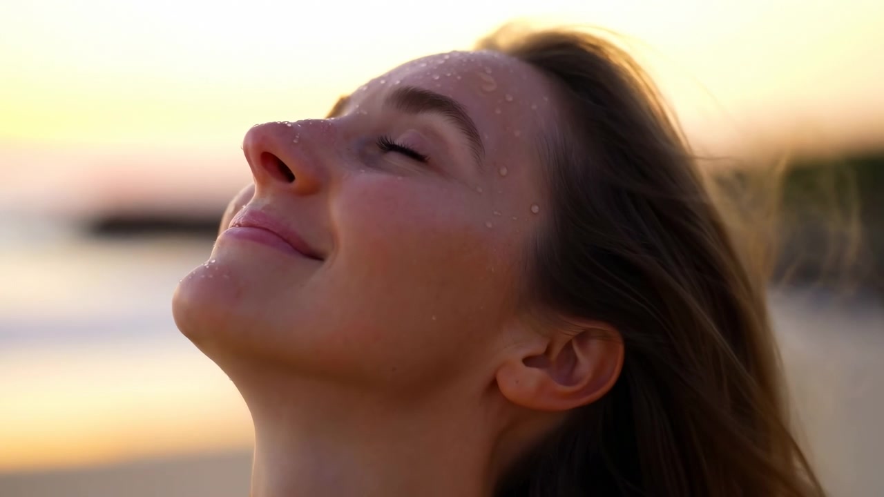 Vista ravvicinata di una giovane donna di profilo che inclina la testa verso l'alto con gli occhi chiusi e un sorriso dolce, goccioline d'acqua sulla fronte e sulla guancia, bagliore del tramonto su uno sfondo costiero, che trasmette calma, freschezza e.