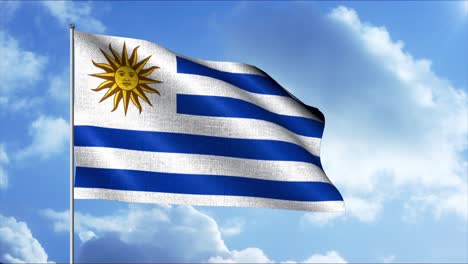 uruguay flag waving in the wind against a blue sky with clouds