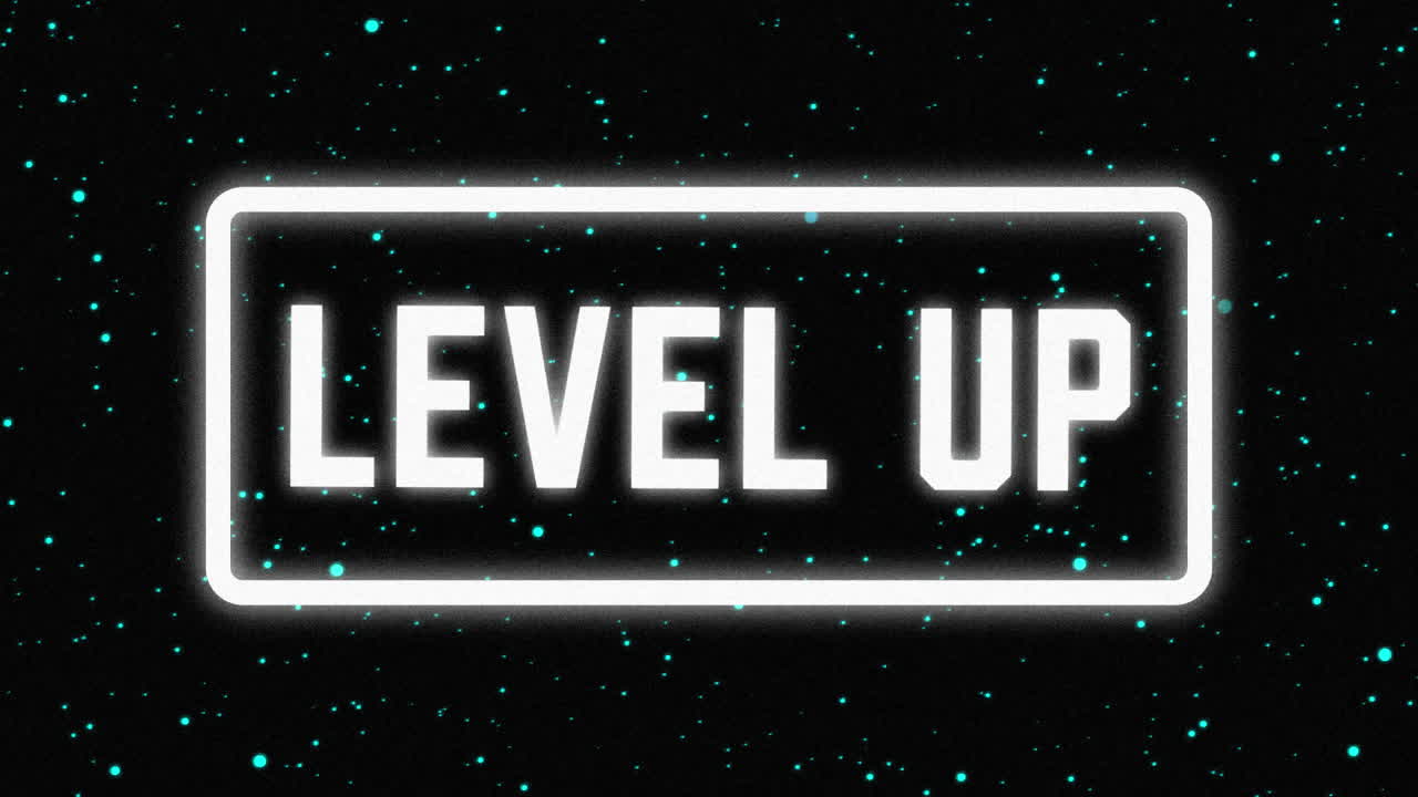 animación pantalla de videojuego vintage con palabras nivel arriba escrito