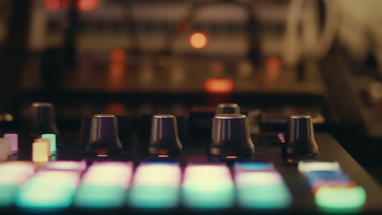 Attrezzatura per la produzione musicale con luci colorate lampeggianti in uno studio buio