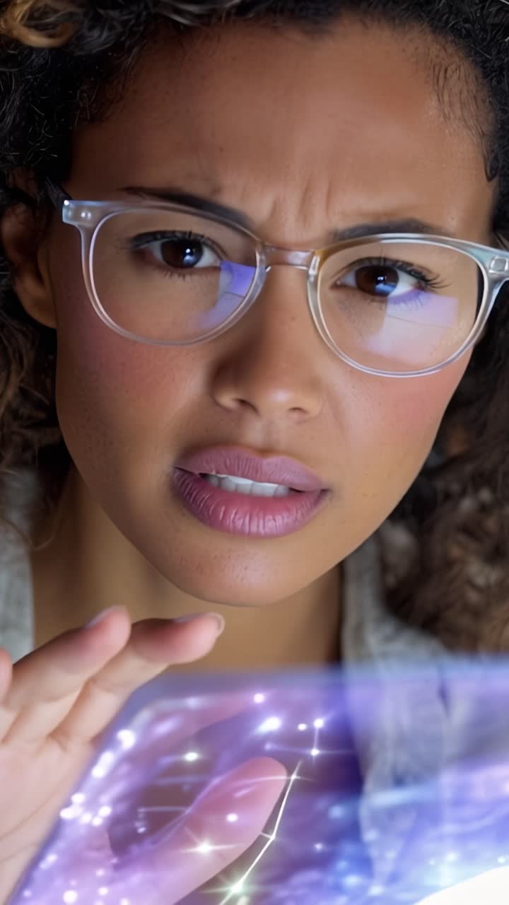 Donna concentrata che esamina materiale colorato attraverso occhiali trasparenti con espressione intensa e primo piano di capelli ricci in un ambiente luminoso.