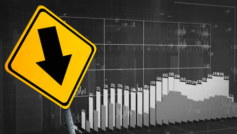 animation of financial data processing and road sign over black background