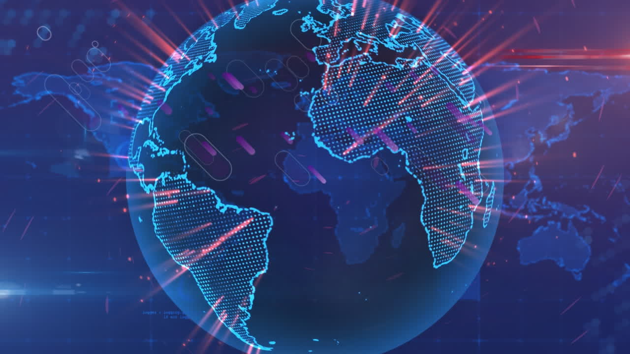 animación de estirpes púrpuras y globo sobre el mapa del mundo