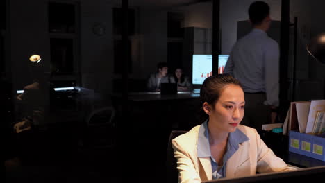 business strategy in action, meeting, presentation with statistics for financial profit, infographics or growth charts. office, colleagues person by tv for marketing data, budget review productivity