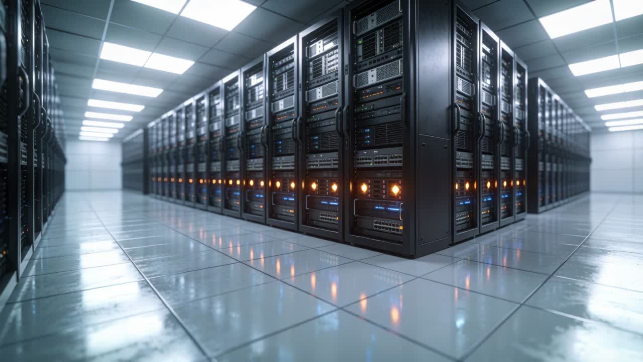 Displaying server racks reacting to status change, shifting amber LEDs in data aisle, showing alert