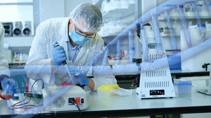 Animation of mathematical equations, dna structure, caucasian male scientist working at laboratory