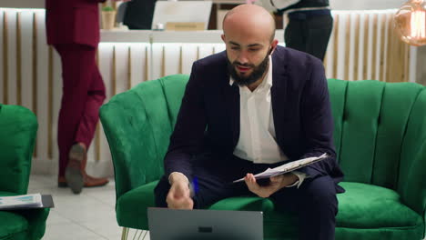 businessman enters video call with ceo