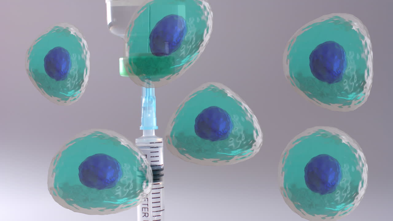 백색 배경에 백신과 병 위에 떠다니는 세포의 애니메이션