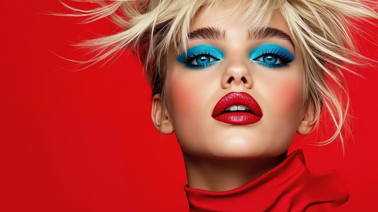 Una donna con capelli biondi, occhi azzurri e rossetto rosso