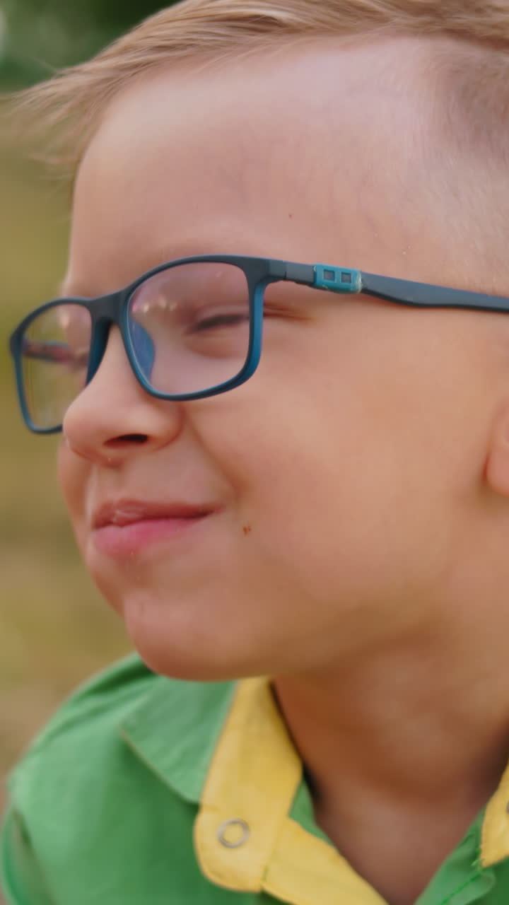 niño pequeño con camisa verde y gafas disfruta de un rollo de salchichas mientras está sentado al aire libre con su familia, el fondo presenta campos abiertos y balas de heno, capturando momentos pacíficos y alegres de comidas al aire libre