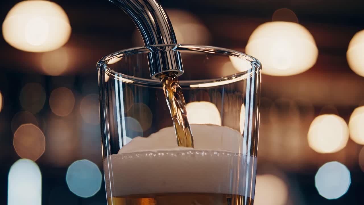 Video ravvicinato dal basso di birra versata in un bicchiere, che cattura bolle e schiuma con un effetto bokeh