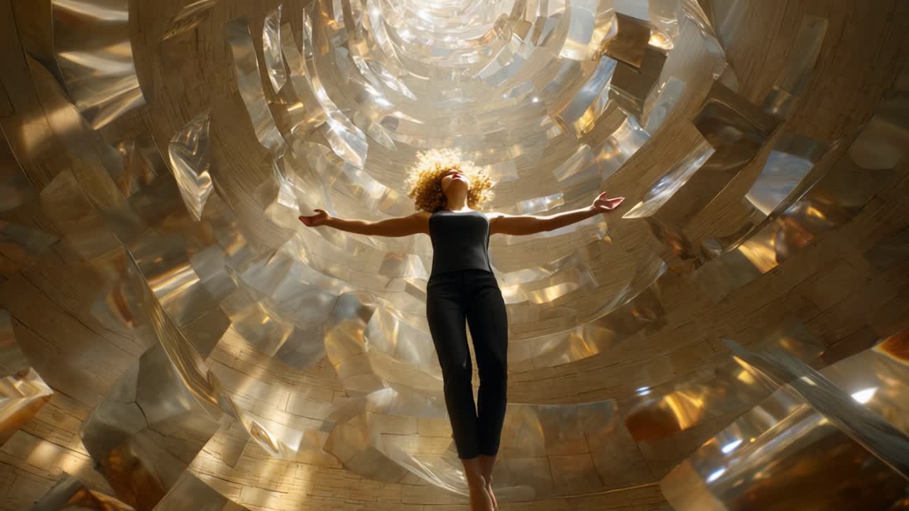 A Mystical Journey Through an Infinite Helix of Light and Reflection, Capturing the Ethereal Essence of a Woman Floating Gracefully in a Mesmerizing Spiral of Luminescence