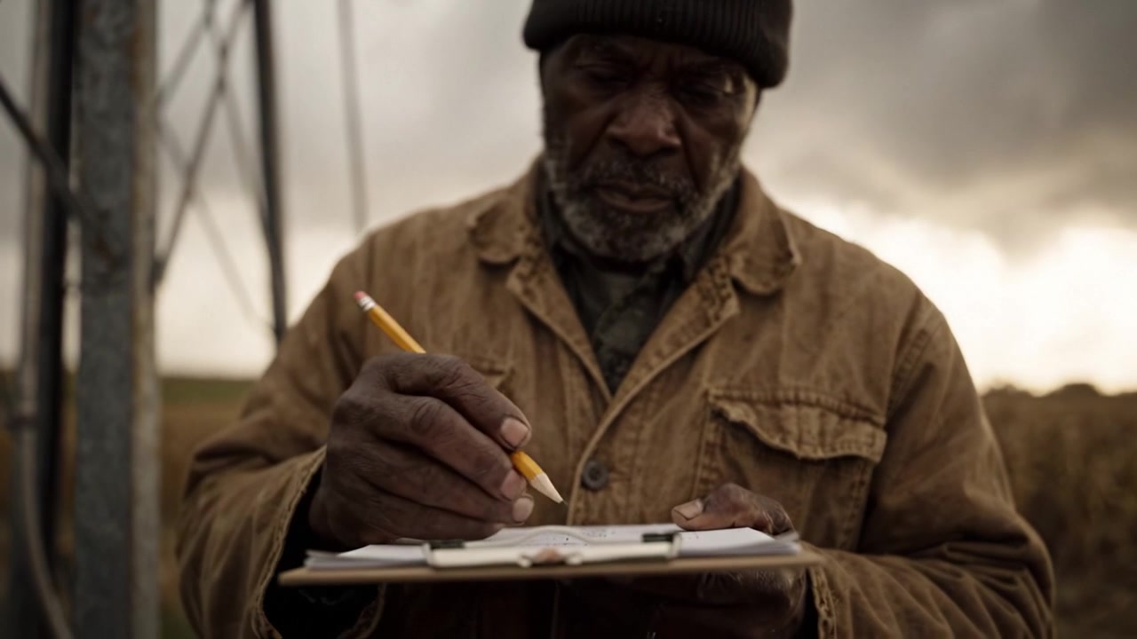A farmer meticulously records observations in a notebook under a dramatic sky, showcasing the relationship between agriculture and nature amidst an impending storm.