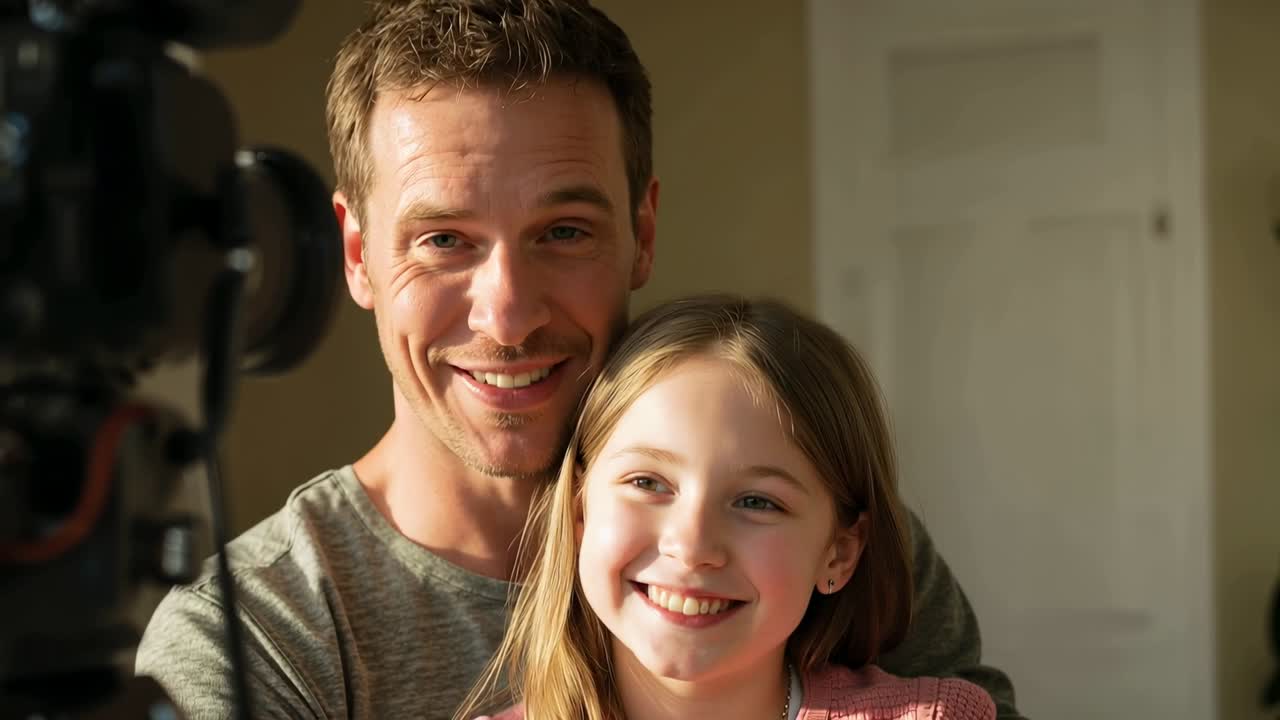 Leende pappa kramar flickan medan kameran filmar för ett minne hemma, rosa topp, rigg till vänster.