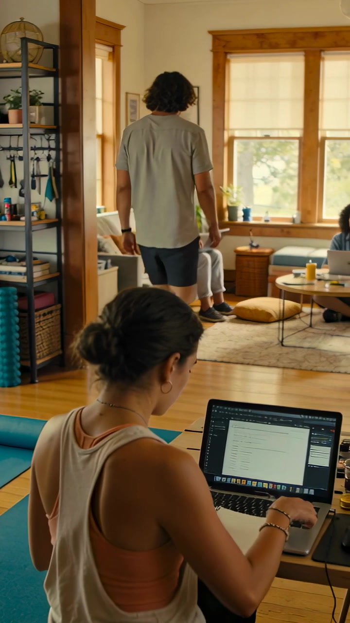 Vertical video: Writing woman at desk in tank studying on laptop and notebook at home, man entering