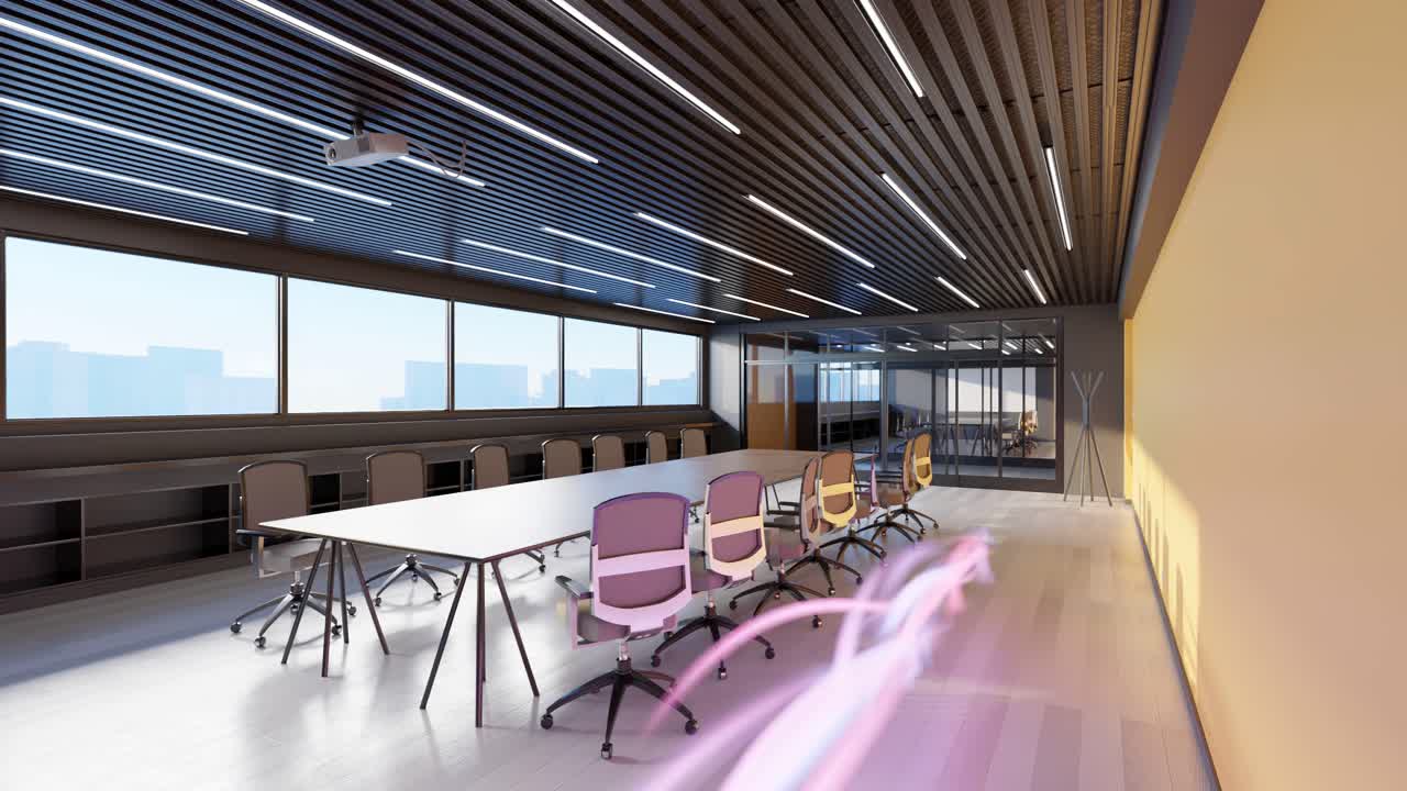 현대적인 회의실을 통해 흐르는 3d 렌더링