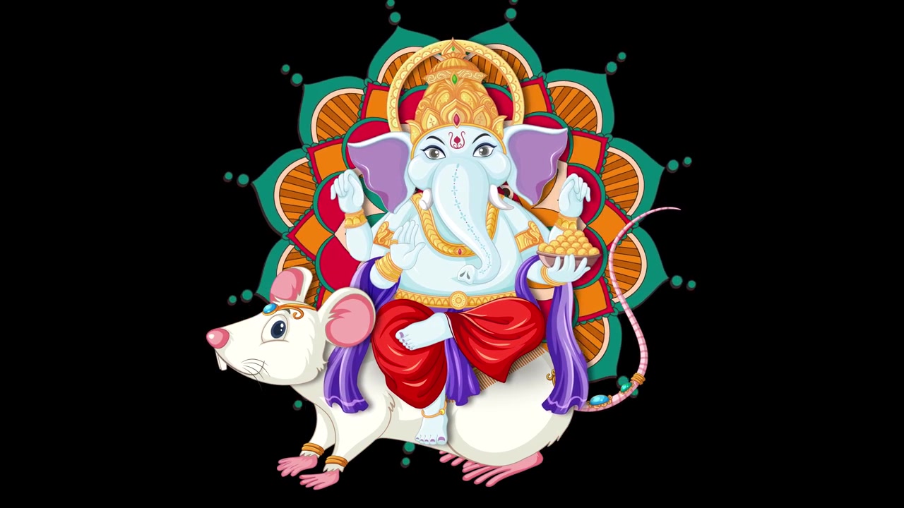 Animação 2D colorida de Ganesha montado em um rato branco com um fundo de mandala giratória