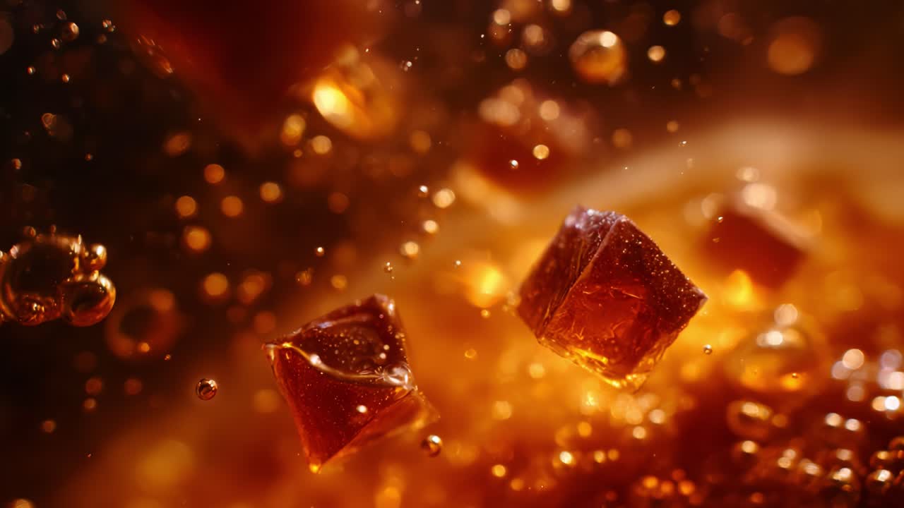 Immagine dinamica e ipnotica di cubi scintillanti circondati da bolle in un ricco liquido ambrato che cattura l'essenza del movimento fluido e della vivacità