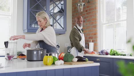 mixed race senior couple wearing aprons cooking together in the kitchen at home