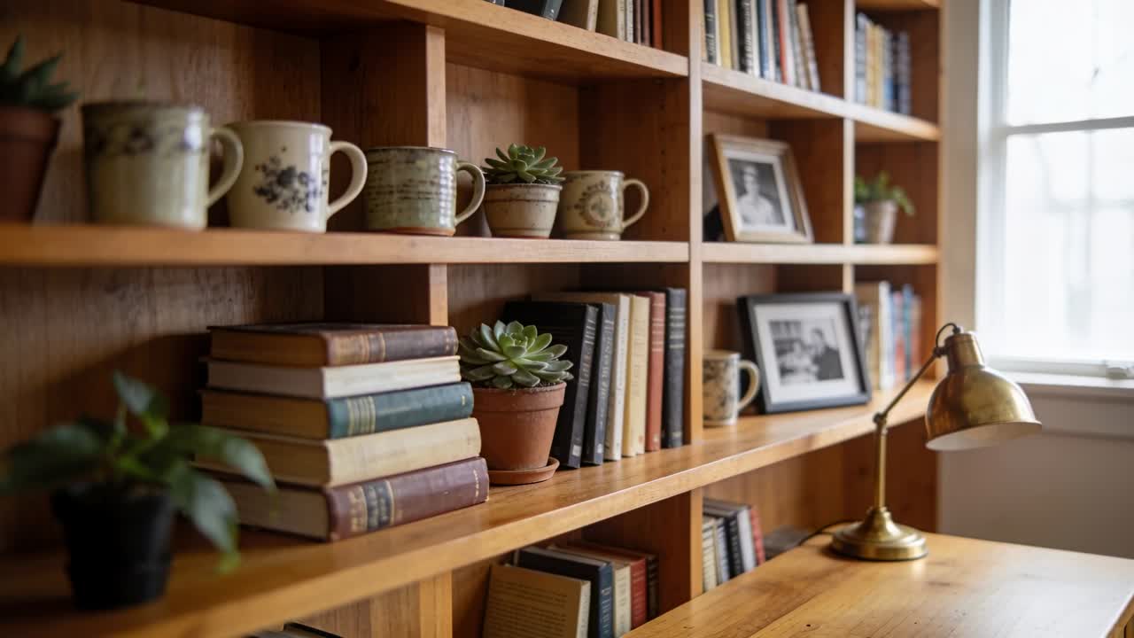 Shifting camera racking focus across home study, revealing stacked books, succulent and brass lamp