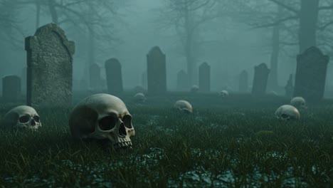 eerie atmosphere of a foggy graveyard highlighting skull-laden grounds surrounded by tombstones, evoking thoughts of mortality and the supernatural