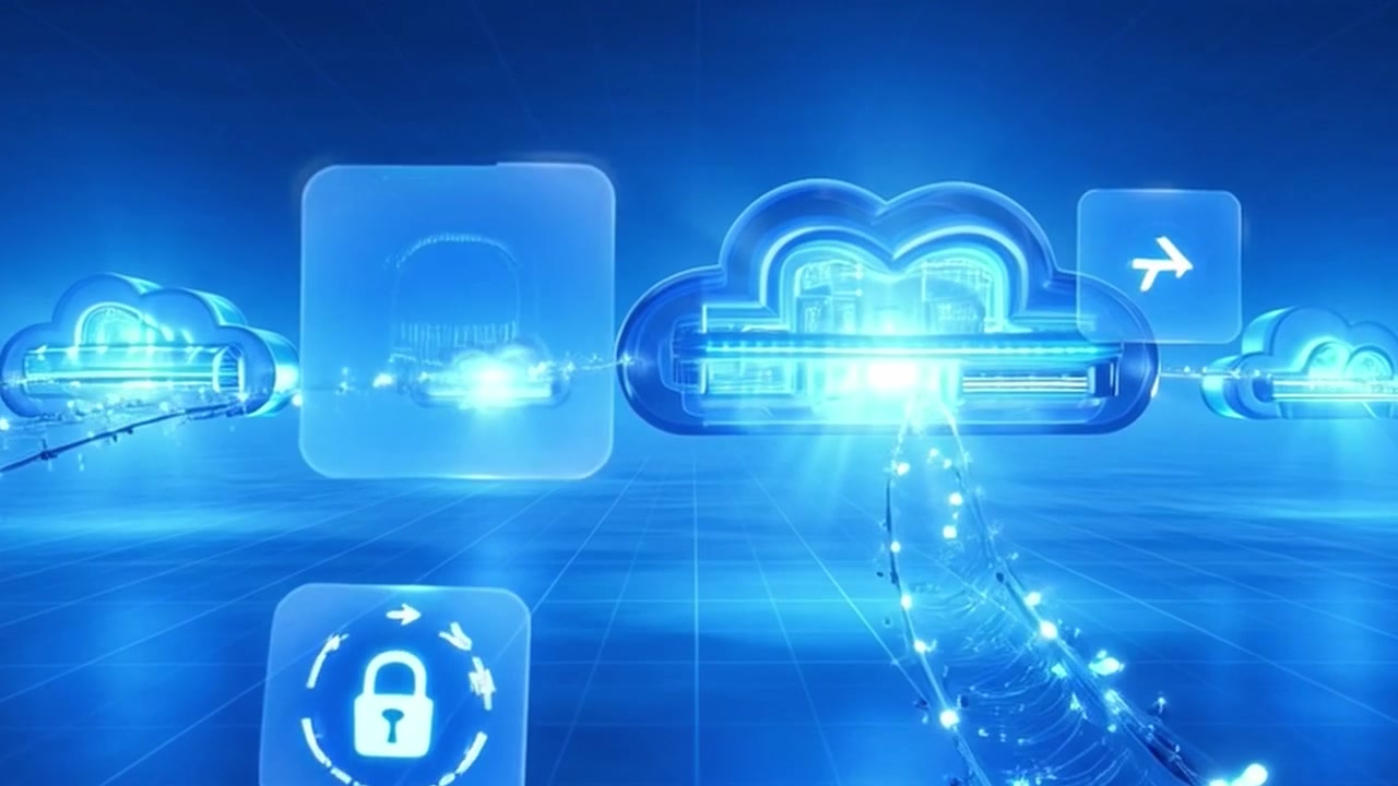 Digital Cloud Computing Network with Security Icons and Data Flow