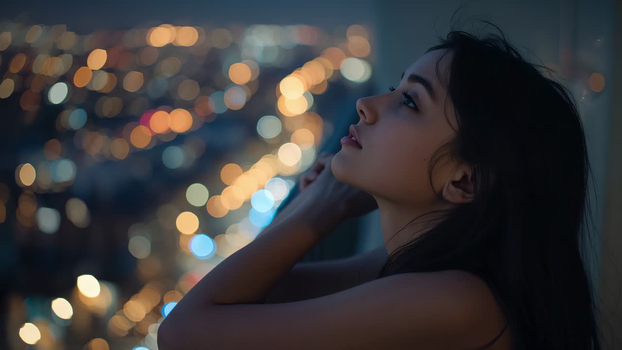 Leaning woman tilting head on balcony at night, reflecting on city lights, copy space