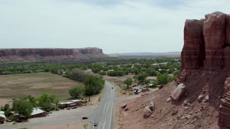 Small-Town-of-Bluff,-Utah-in-Southwest-Desert-near-Arizona---Aerial-Drone-View