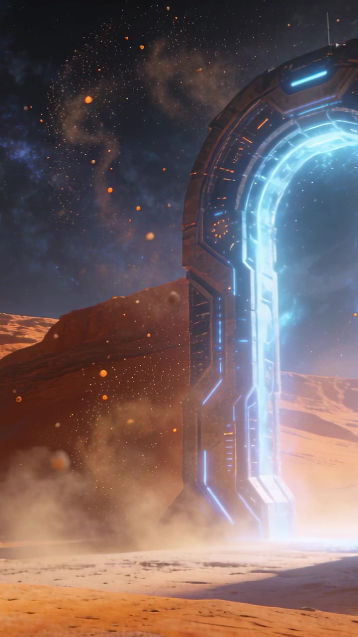 Video verticale: Portale in carica a destra che emette un raggio blu, sollevando polvere attraverso le dune, con spazio per il testo.