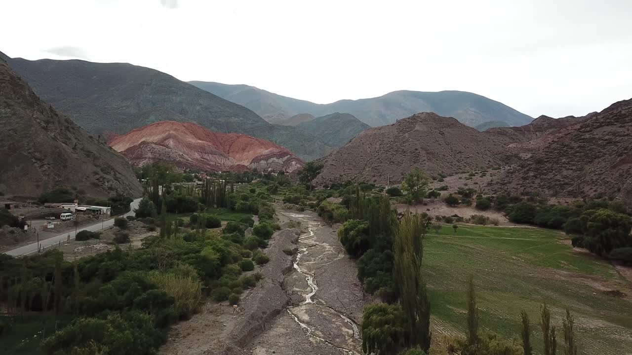 Quebrada de Purmamarca, Jujuy, Argentina. Aerial View of City, Rainbow Hills and River