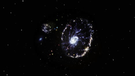 fly towards cartwheel galaxy in the constellation of sculptor