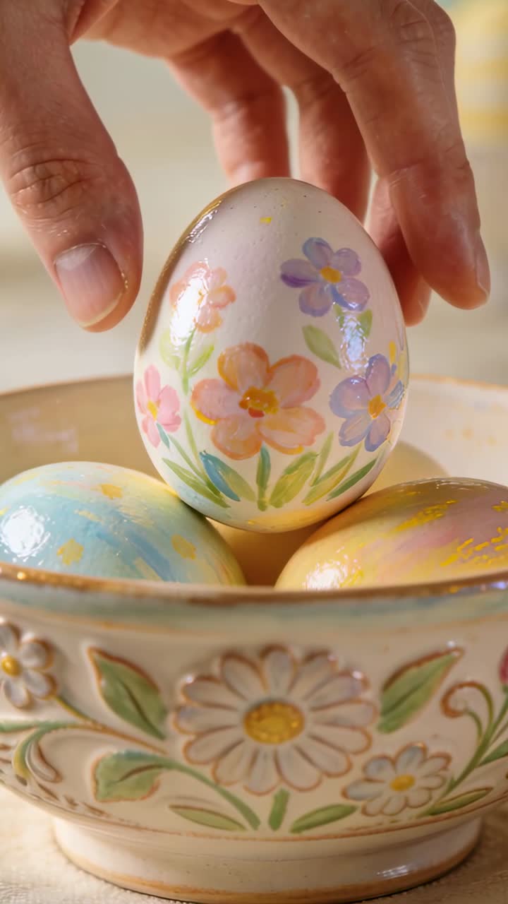 Lifting hand holding floral-painted egg above raised-daisy bowl at home table, with pastel eggs