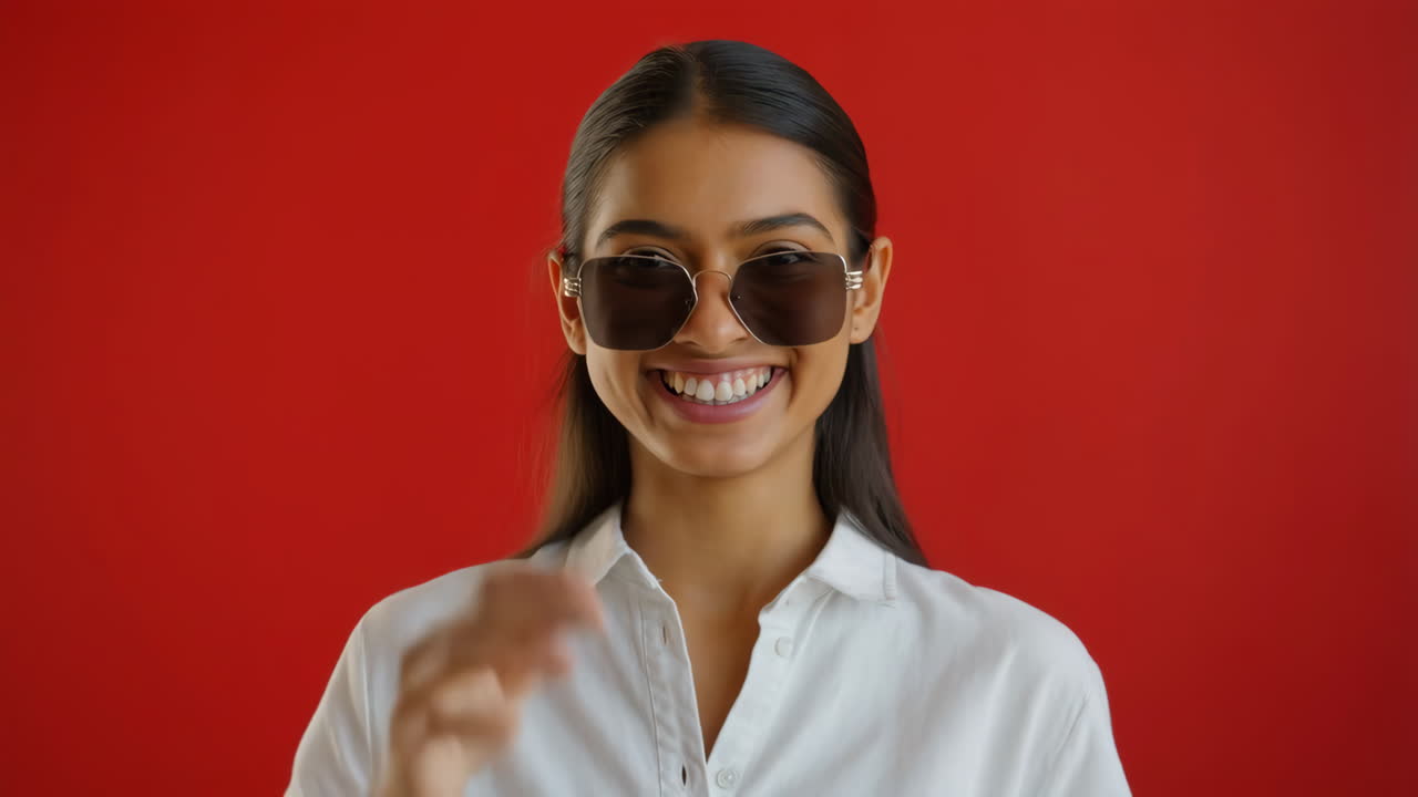 Portrait of a Smiling Woman Wearing Sunglasses