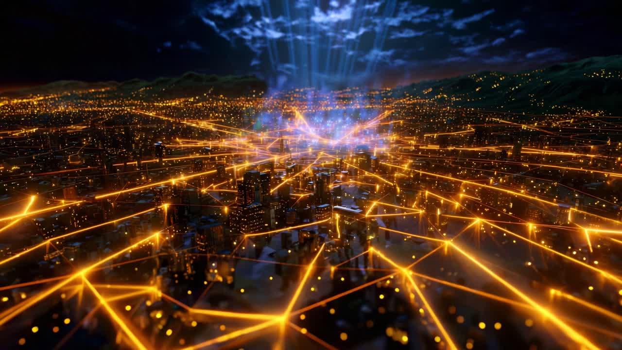 Aerial view of a vibrant cityscape illuminated by glowing urban networks, showcasing a dazzling display of light patterns that intertwine through the skyline, fostering a sense of connectivity and modernity